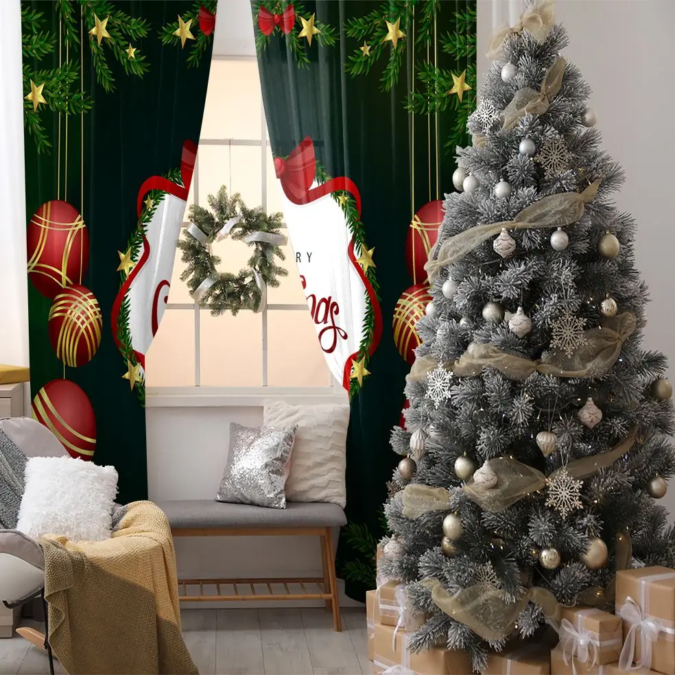 

Curtain Garland with Pine Tree Branches Decorative Balls Stars Merry Christmas Decoration Artwork Red Green Black