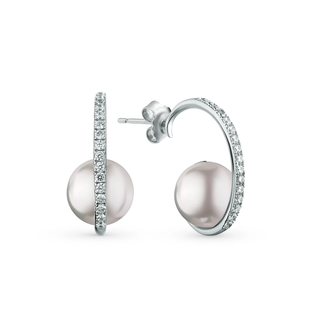 Серебряные серьги с фианитами и жемчугом SUNLIGHT проба 925| |