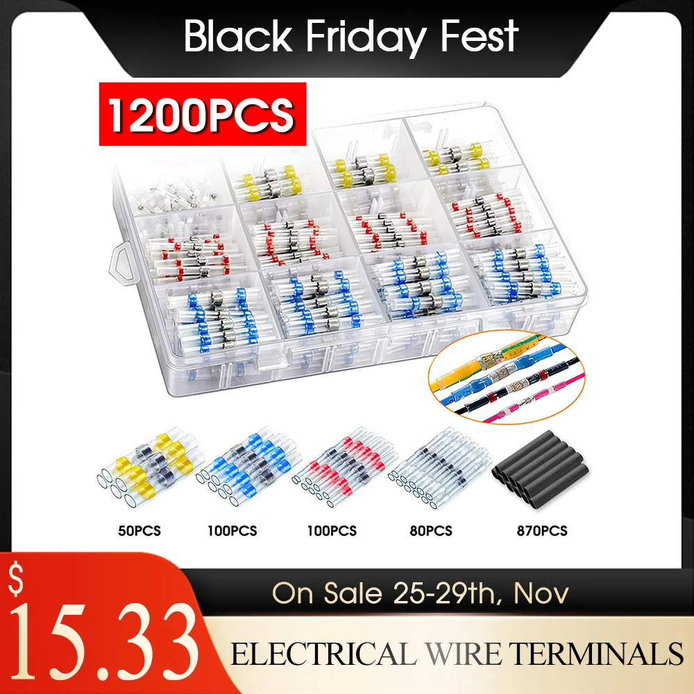 

1200pcs/500/100pcs Solder Seal Wire Connectors Kit Heat Shrink Butt Connector Waterproof and Insulated Electrical Wire Terminals