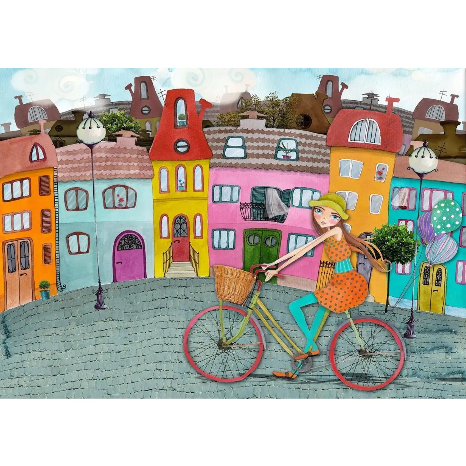 

Nova 1000 Parça By Bike Navigation Puzzle-Bike City-Jigsaw Puzzle-Blue Puzzle carton-have a Nice day-Colorful Houses-