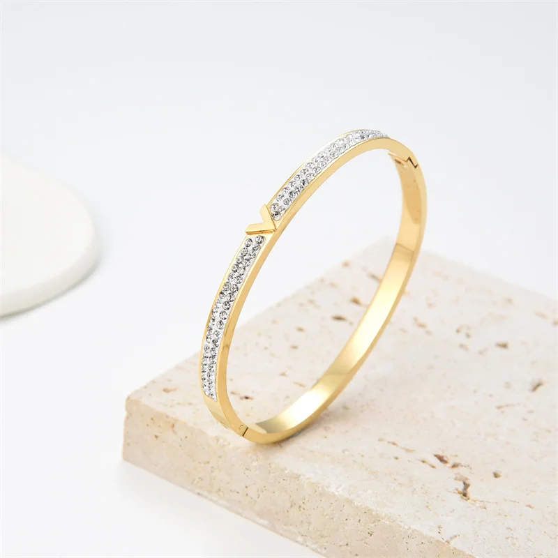 

New Fashion Classic Inlay Full Zircon Bangle For Women Stainless Steel Gold Color V Design Bracelet Cuff Simple Trendy Jewelry