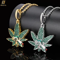 hip hop iced out diamond cz green weed leaf necklaces women jewelry pendants
