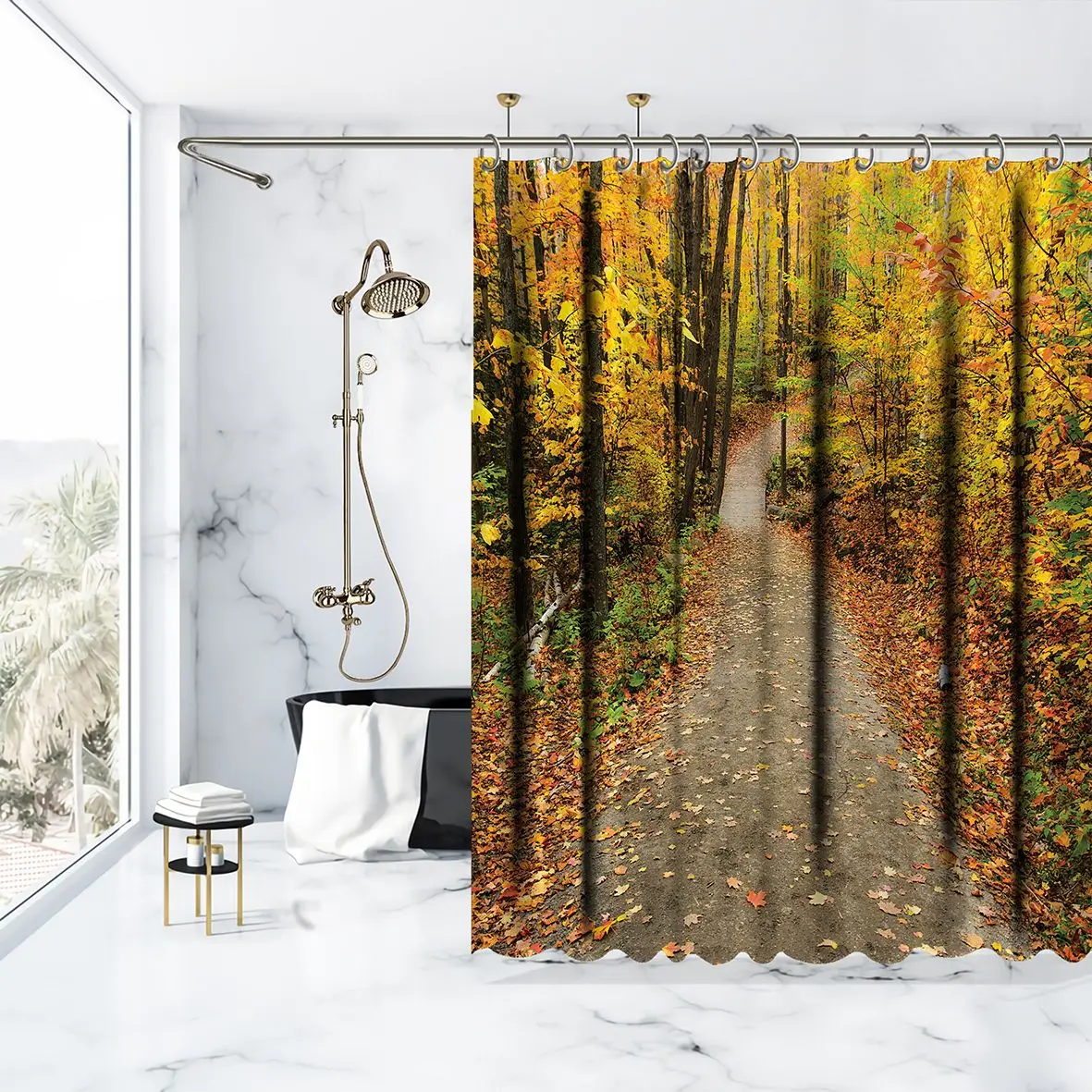 Занавеска для душа дорожка бегущая по лесным деревьям с цветными листьями в