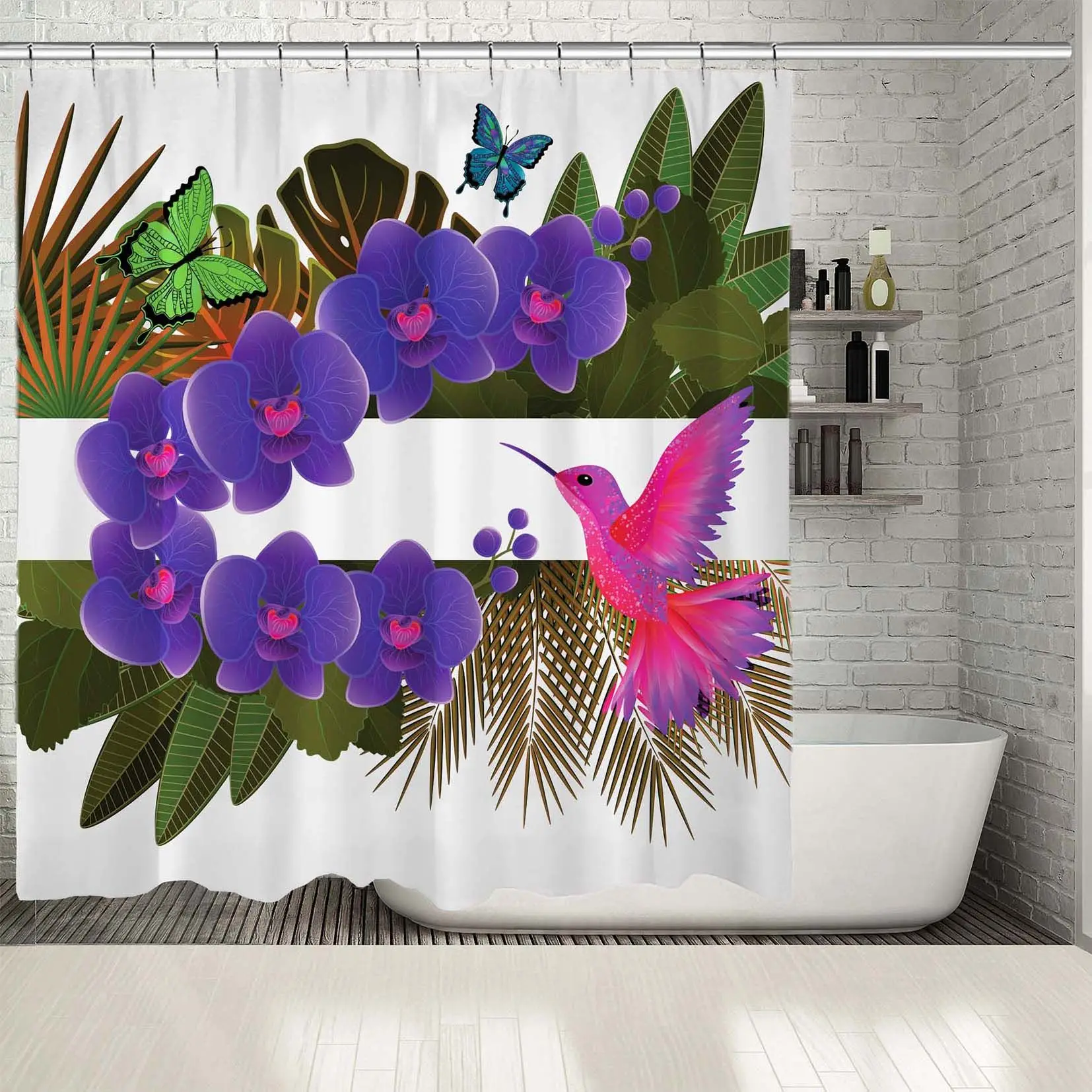 Занавеска для душа цветы орхидеи тропические растения и листья птица бабочки