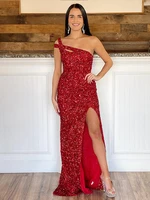 sexy glitter one shoulder red long prom dress with sequins floor length mermaid formal party dress with backless 2022 new