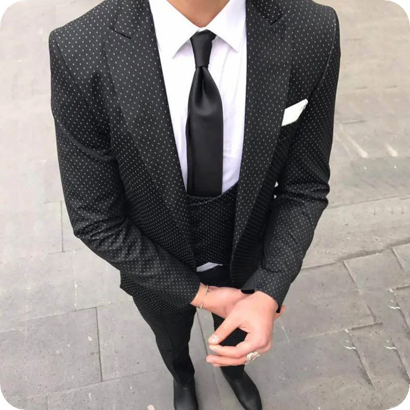 

2021 Costume Homme Casual Black White Polka Dots Men Wedding Suit Groom Tuxedo Wedding Party Suits For Men Bridegroom Groomsmen