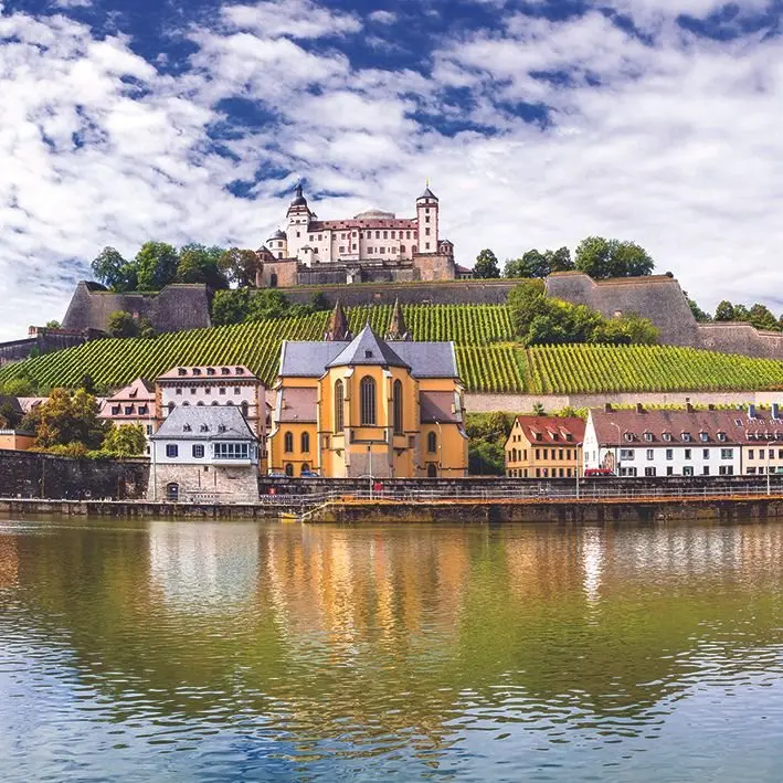 

Curtain Authentic Towns Germany of Wurzburg View with Vineyrds Castle Main River Heritage Blue Green White