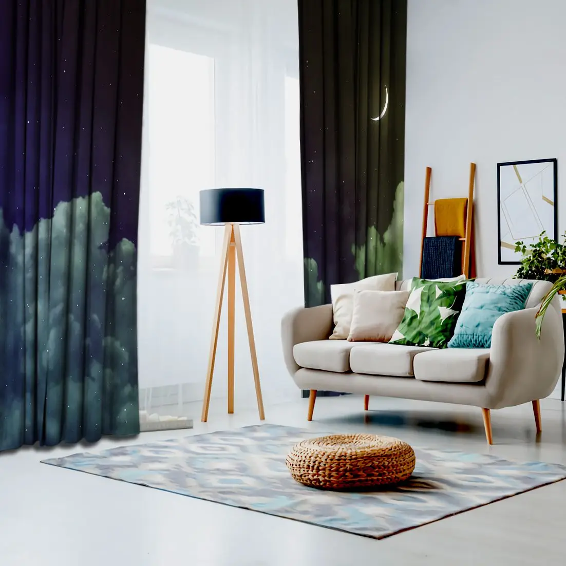 Занавеска Новая Луна звезды пушистые облака природа ночное небо иллюстрация