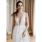 Женское свадебное платье с глубоким V-образным вырезом, ТРАПЕЦИЕВИДНОЕ ПЛАТЬЕ с аппликацией, Сетчатое платье невесты с открытыми плечами и пуговицами, кружевное платье до пола, 2022