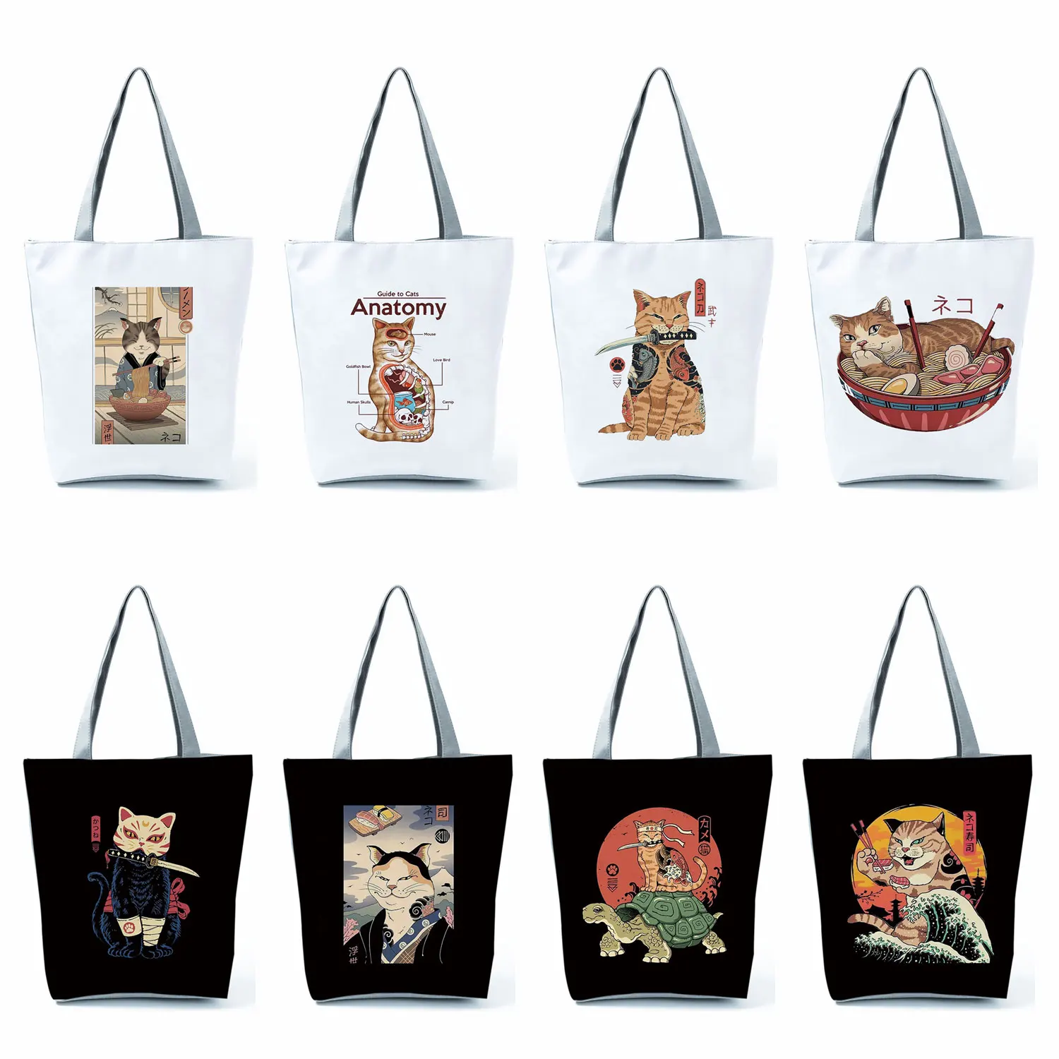 

Japanese Cat Print Anime Handbags Black Tote Bags Women Cartoon Shoulder Bag Eco Shopping Bag Cool Travel Beach Bag Droshipping