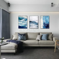 set of 3 modern abstract blue white wave sea hand painted oil painting on canvas painting for living room wall art decoration
