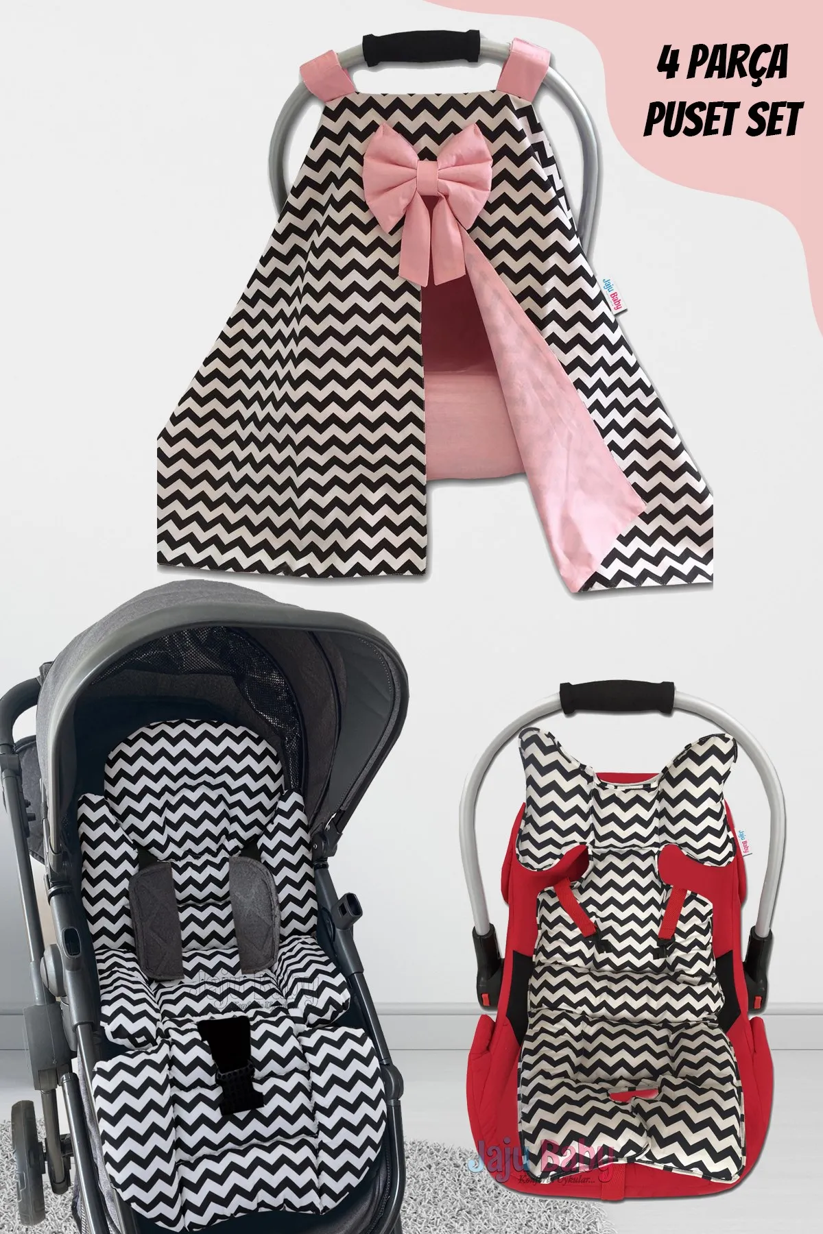 Jaju Baby Handmade, Black Zigzag Pink 4-Piece Stroller Set (With Handle)