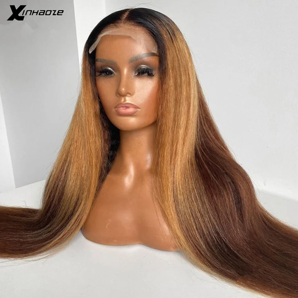 26 Inch Preplucked Highlight Ombre Honey Blonde Yaki Straight Human Hair Scalp 5x5 Silk Top Wigs Transparent 13x6 Lace Front Wig