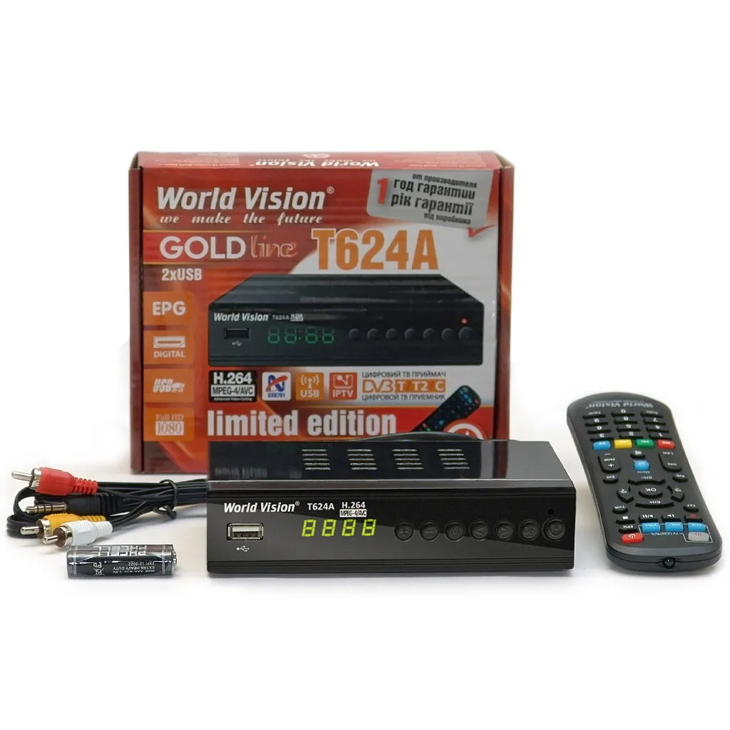 Ресивер цифровой World Vision T624A эфирный DVB-T DVB-T2 DVB-C метал HDMI HD IPTV USBx2 H.264 | Электроника