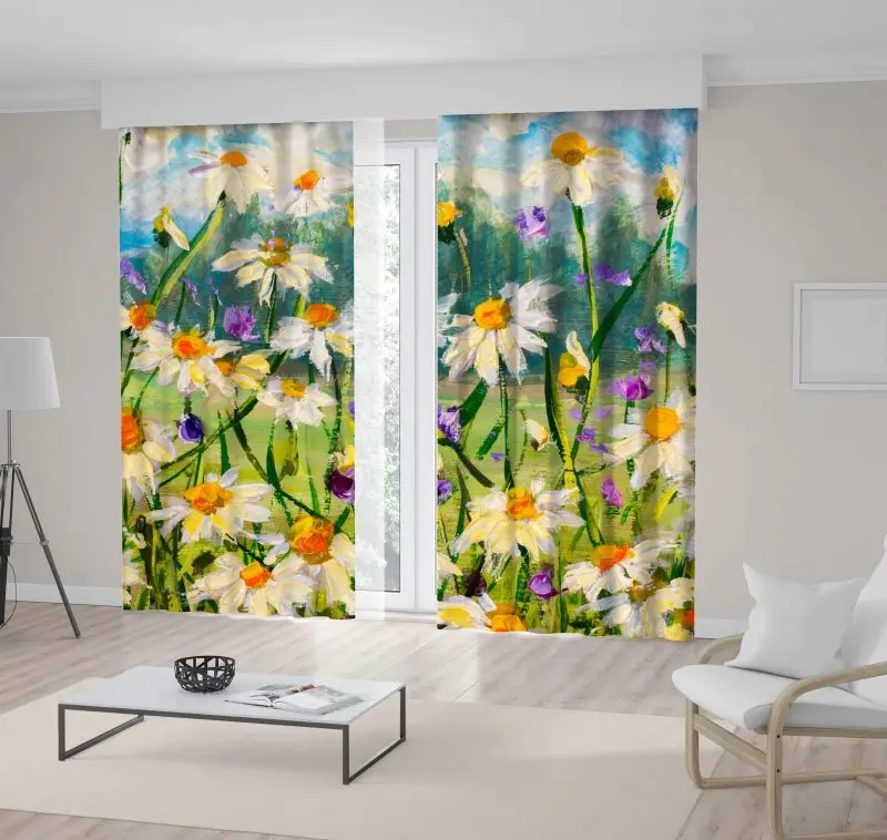 

Curtain Daisy Flowers and Butterflies Nature Cloudy Sky Summer Meadow Oil Painting Art Printed Green Yellow Blue