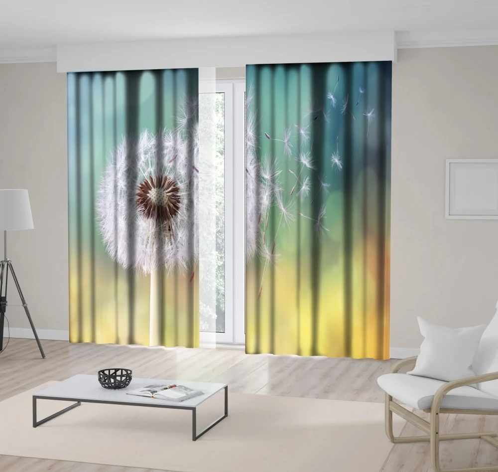 Занавеска семена одуванчика утренний солнечный свет дующий ветер летние дикие