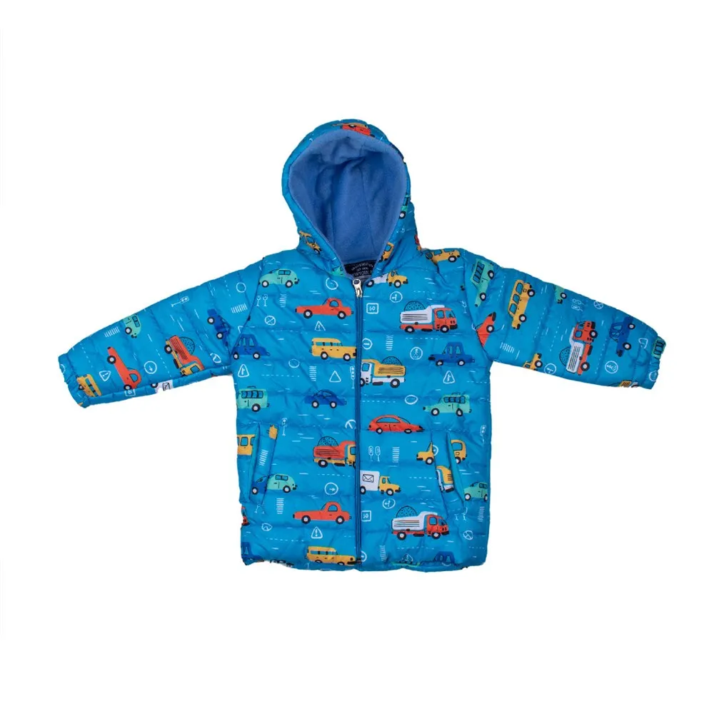 

Toddler Infant Baby Kids Children Boy Winter Car Print Jacket with Hood Warm Outerwear Coat Light Blue