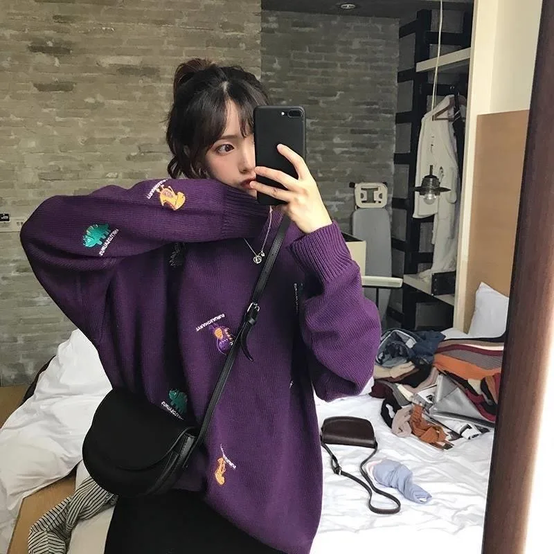

2021 Autumn New Plus Fat Plus Size Women's Lazy Style Hedging Ladies Childlike Embroidery Knitted Sweater Cute Top For Famel