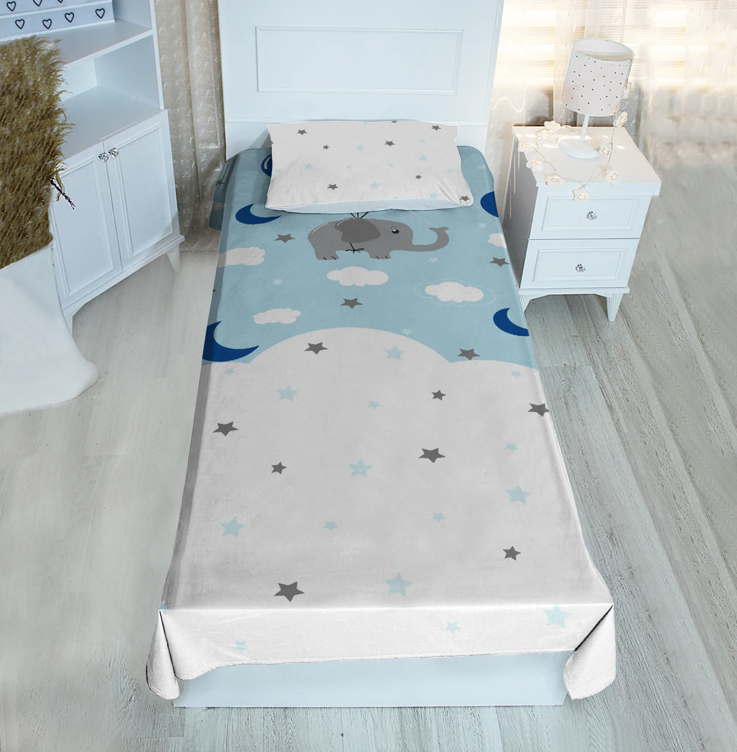 

White single bed cover star Moon cloud elephant grey patterned velvet fabric Free Shipping quality product kids room decoration