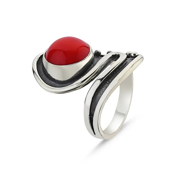 

Серебряное 925 пробы кольцо ручной работы с коралловым камнем