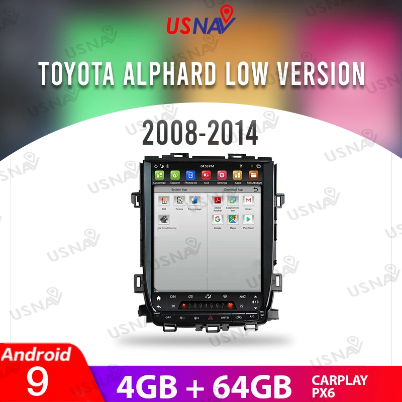

USNAV вертикальный экран в стиле Tesla 12,1 "Android 9,0 для Toyota Alphard низкая версия 2008-2014 Автомобильный мультимедийный GPS навигатор стерео радио