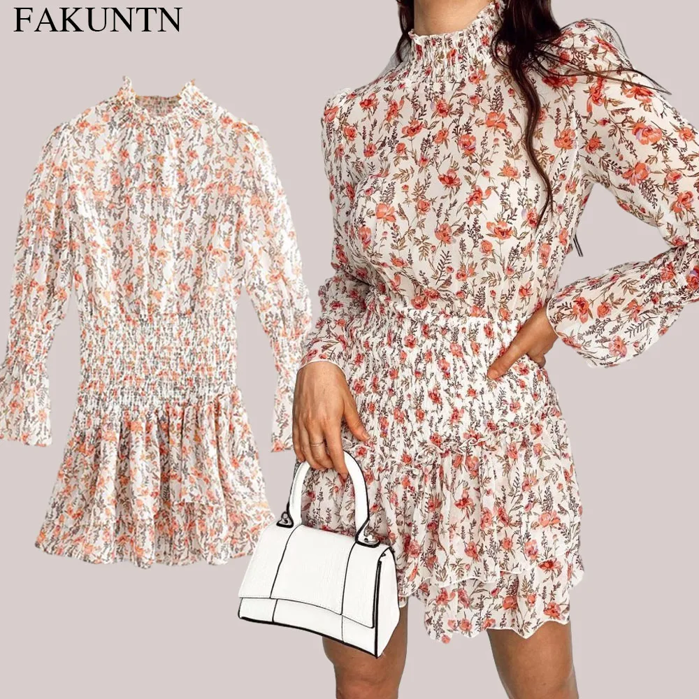 

Floral Sexy Dress Women 2020 Autumn Winter Girls Vintage French Pastoral Style Elasticity Elegant Long-Sleeve Dresses Vestidos