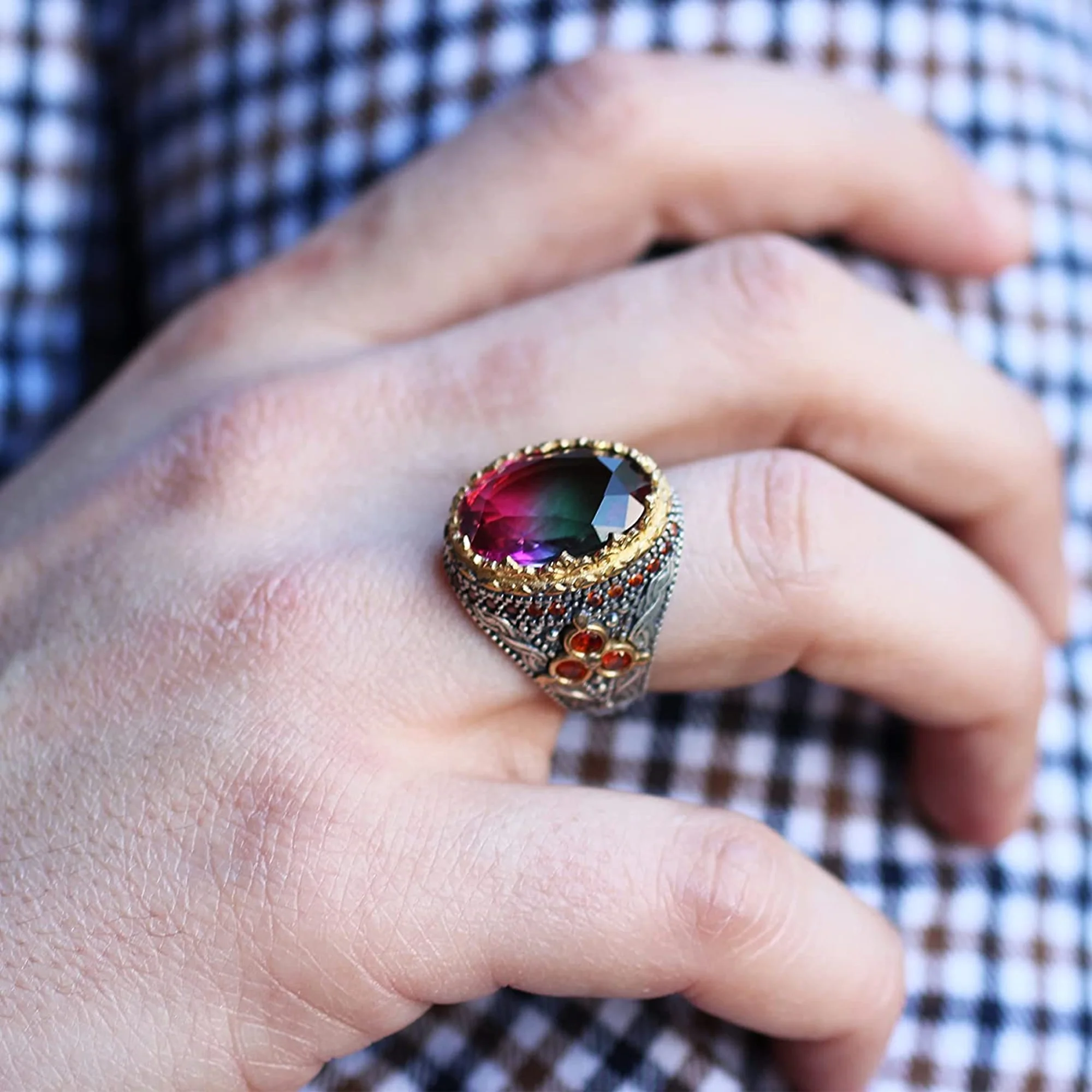

Sterling silver 925 Turkish jewelry watermelon tourmaline stone men's ring all size gift for him