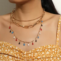 3pcs multi layered water drop colorful necklace for women gold color beads choker sweater chain charm womens necklace jewelry