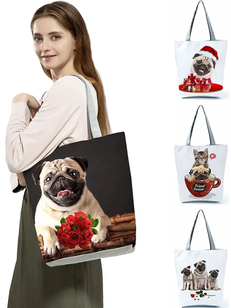 

Miyahouse Animal Print Handbags Floral Large Capacity Women Beach Shoulder Bag Pug Dog Design Casual Shopping Bag Dropshipping