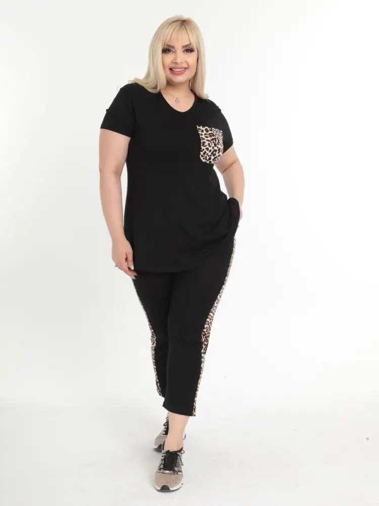 Plus Size Sets Two Pieces Woman Pajamas Sleeping Suits Outfits Track Suit 2022 Black Leopard Lycra Viscose Made in Turkey