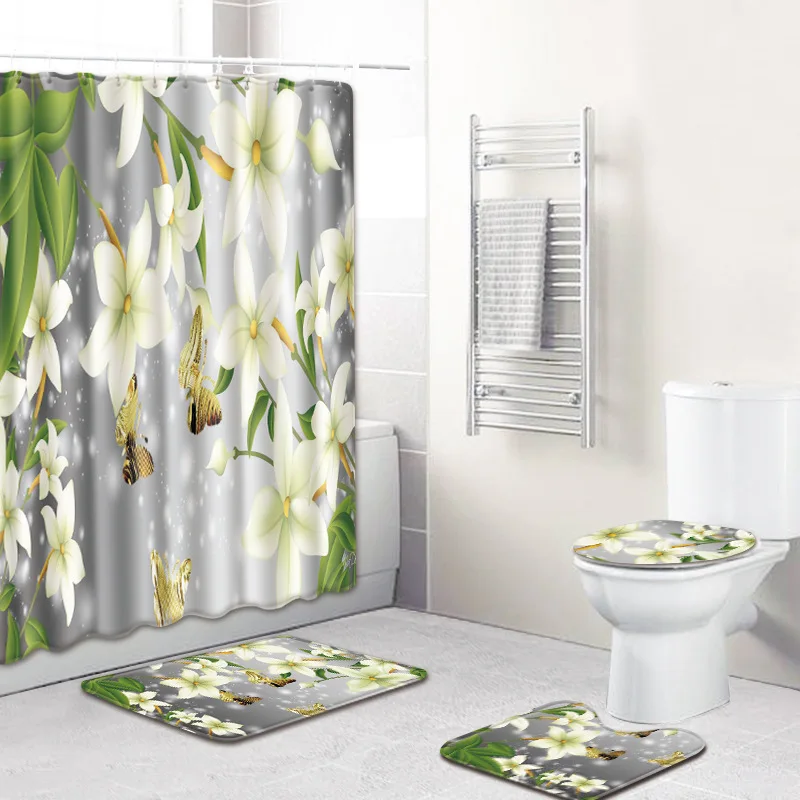 4pcs/set Flower Print Shower Curtain Bath Mat Waterproof Polyester Bathroom Fabric Pedestal Rug Lid Toilet Cover Pad Hook | Дом и сад