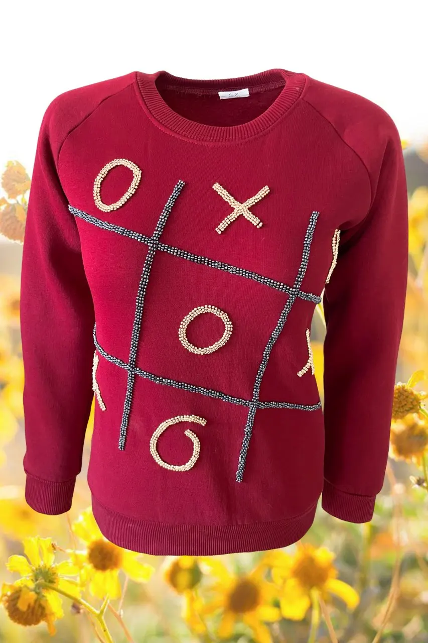 2022 Fashion XOX Handmade Embroidered Claret Red Women Thick Stylish Sweatshirt