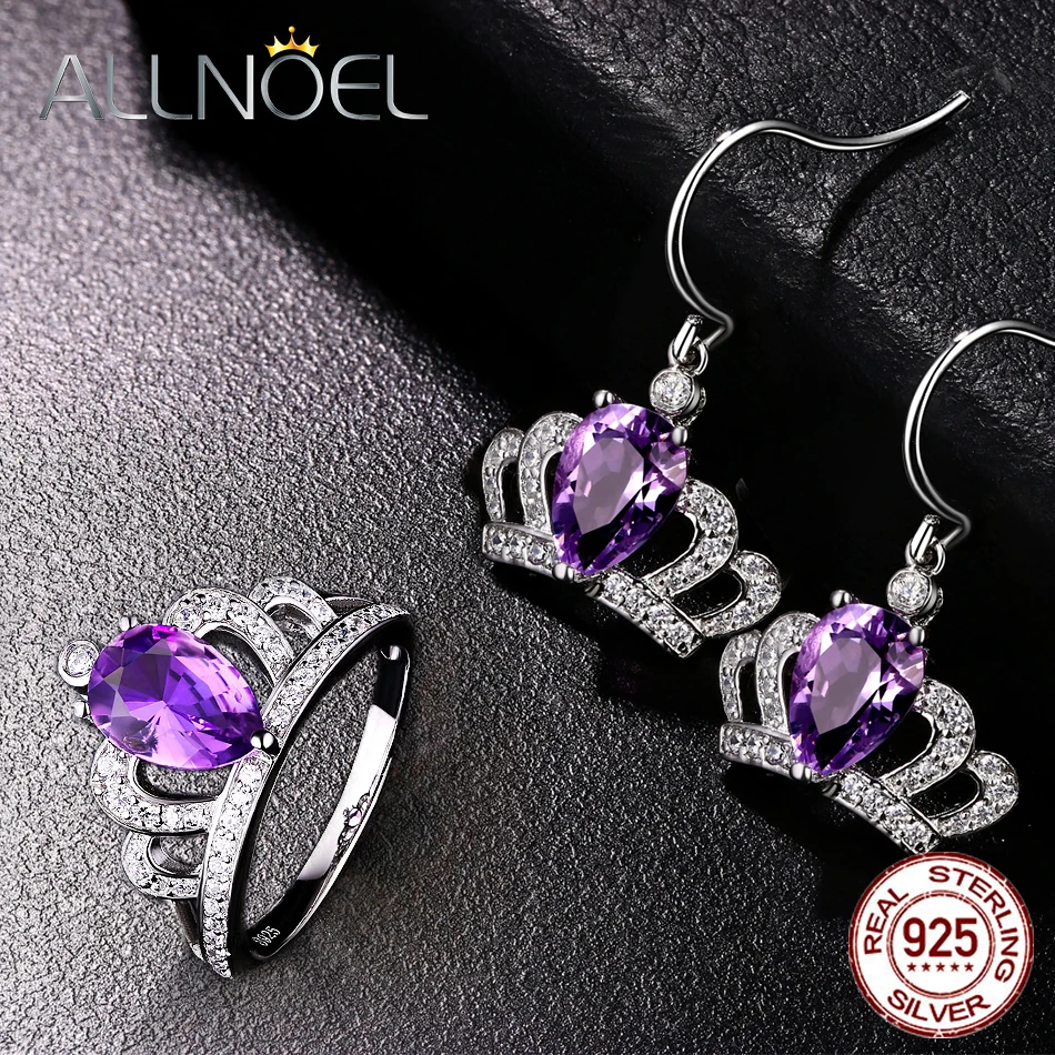 ALLNOEL 925 пробы серебро натуральный аметист корона ювелирные наборы женские серьги