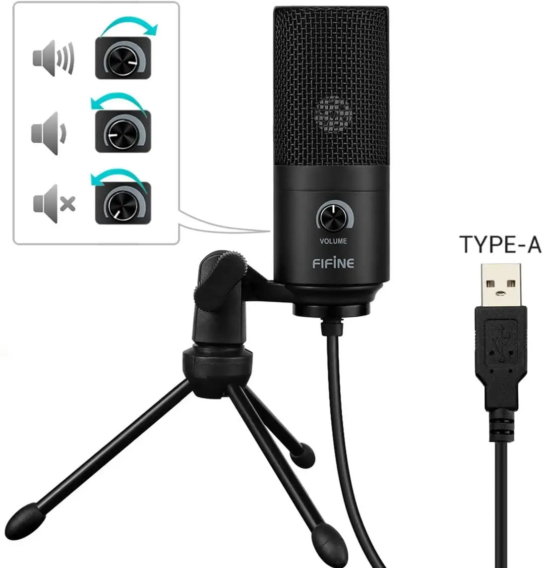 Микрофон Fifine K669B (Black) USB конденсаторный штатив-тринога регулятор громкости для
