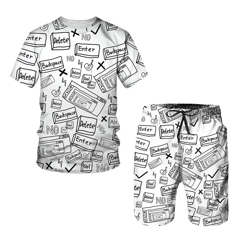 

Костюм мужской летний из 2 предметов, повседневная простая футболка с короткими рукавами и брюки с 3D-принтом граффити