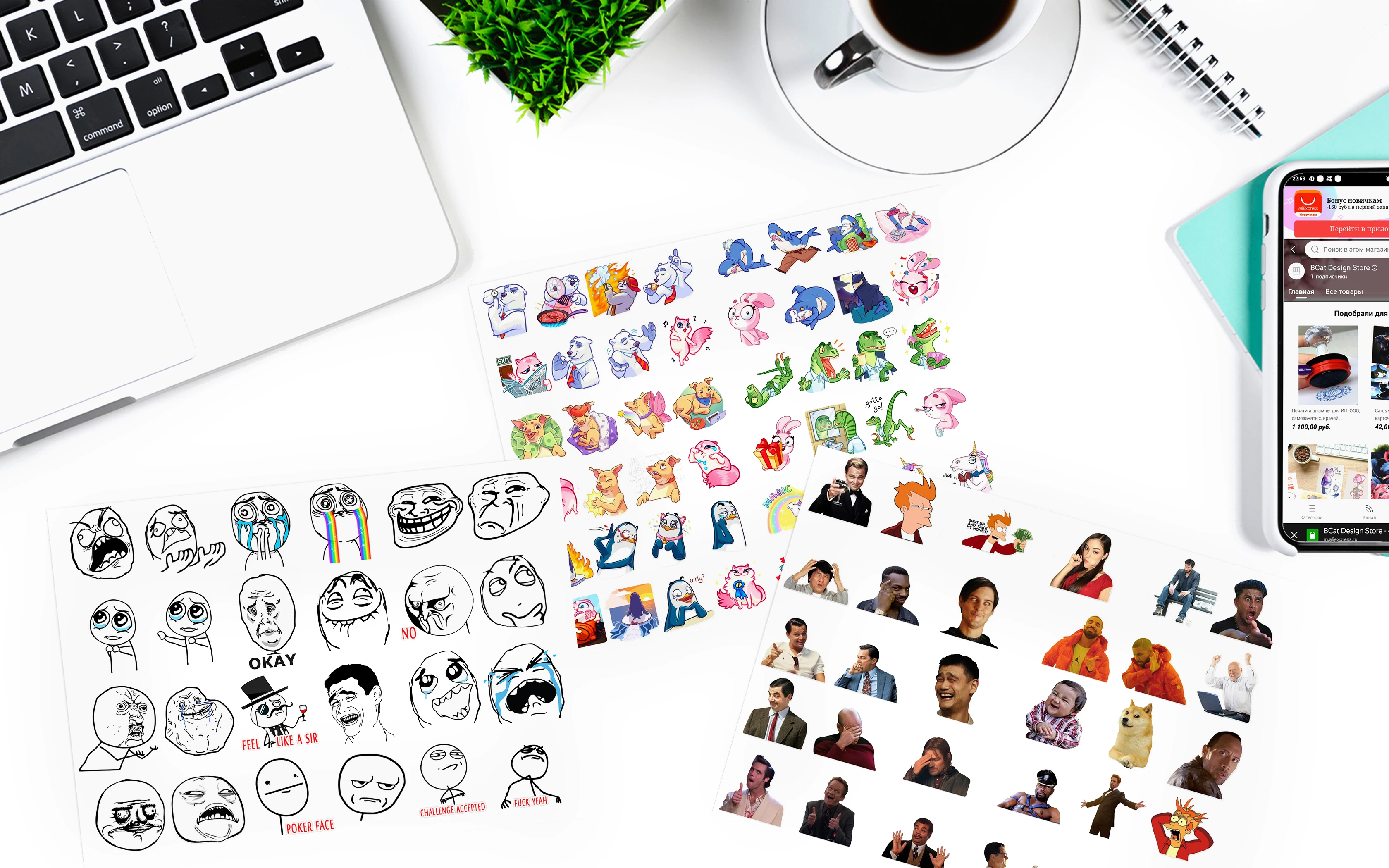 Stickers. Наклейки и стикеры с изображением кошки единорога пингвина раптора