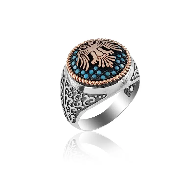 925 Silver Eagle Printed Ottoman Ring Kayi Ring Tribal Silver Ring for Men