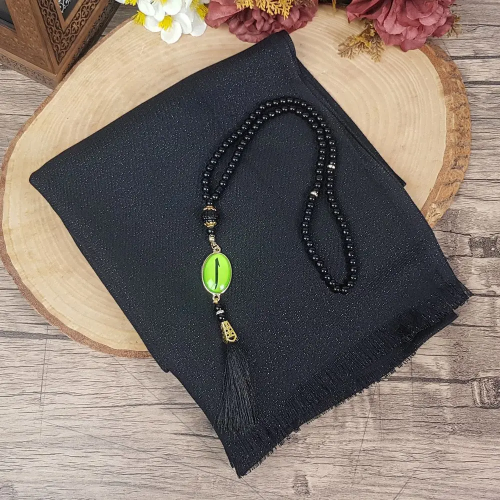

Muslim sets yasin juz prayer rug rosary islamic ramadan Gift for women Shawl, Luxury Pearl Rosary, Ribbons Decorated Set - Black