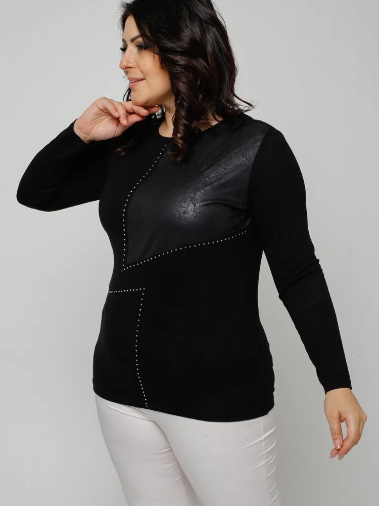 Женская черная блузка большого размера с круглым вырезом и длинным рукавом