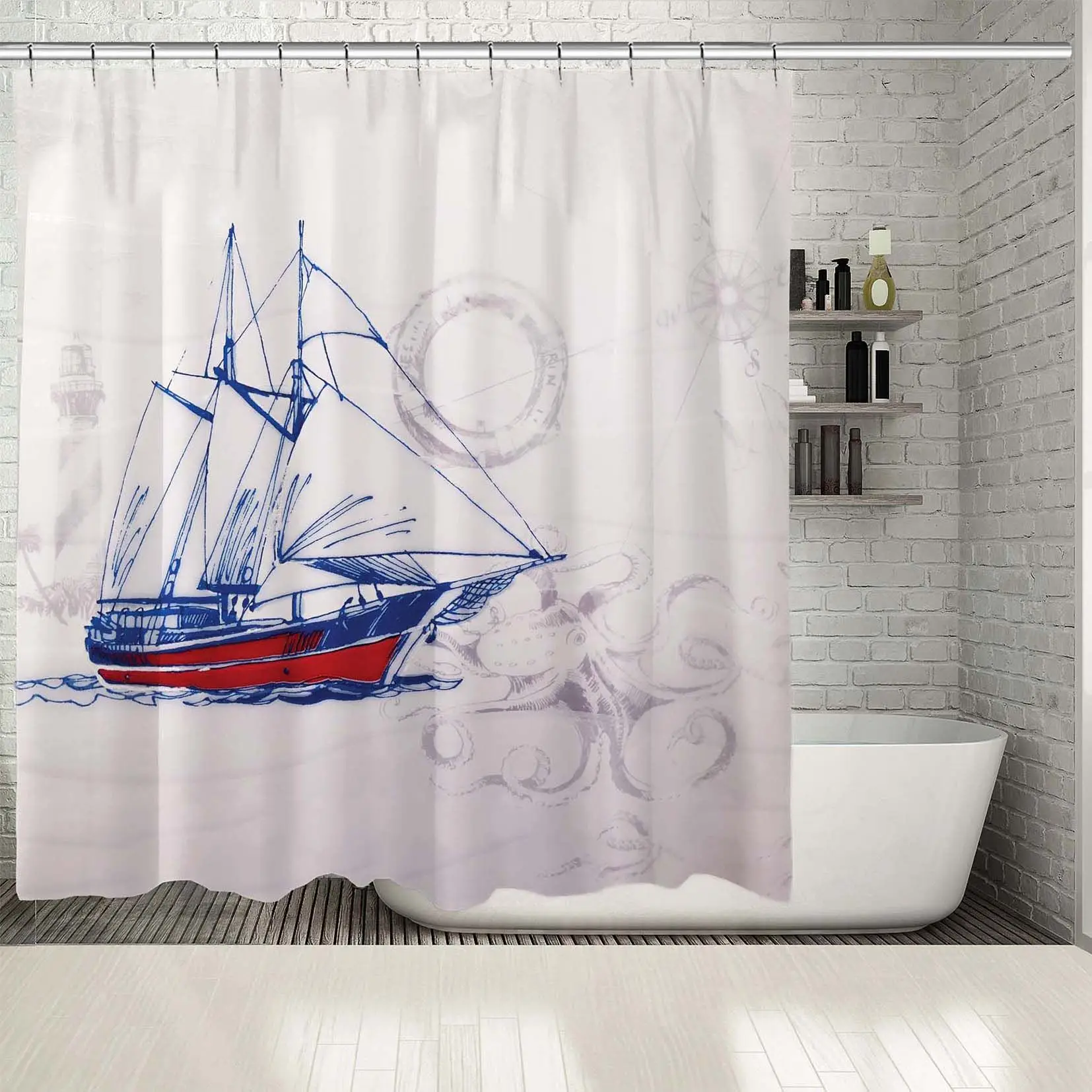 Занавеска для душа Парусник в Море Осьминог кольцо с компасом буй Маяк Морской