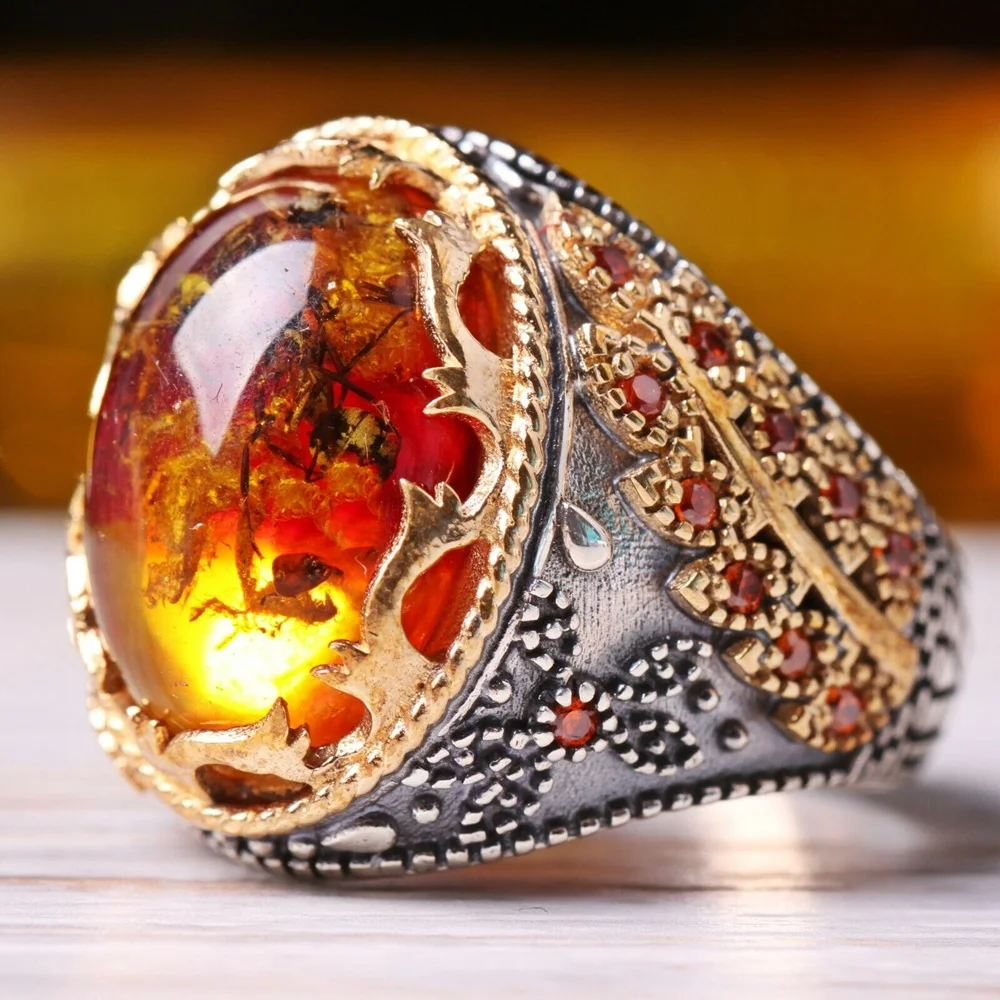 

Sterling 925 silver men's ring Turkish handmade jewelry fosil amber stone all sizes
