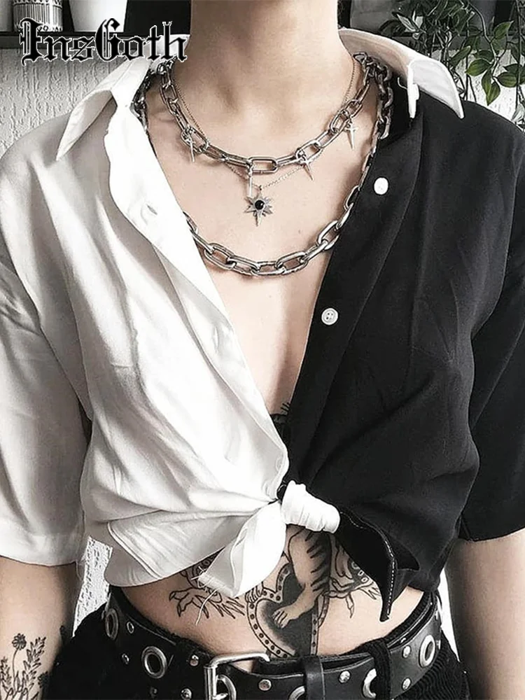 

InsGoth Harajuku Loose Tops Women Black White Patchwork Shirt Streetwear Fashion Casual Tees Korean Sexy Crop T-shirts