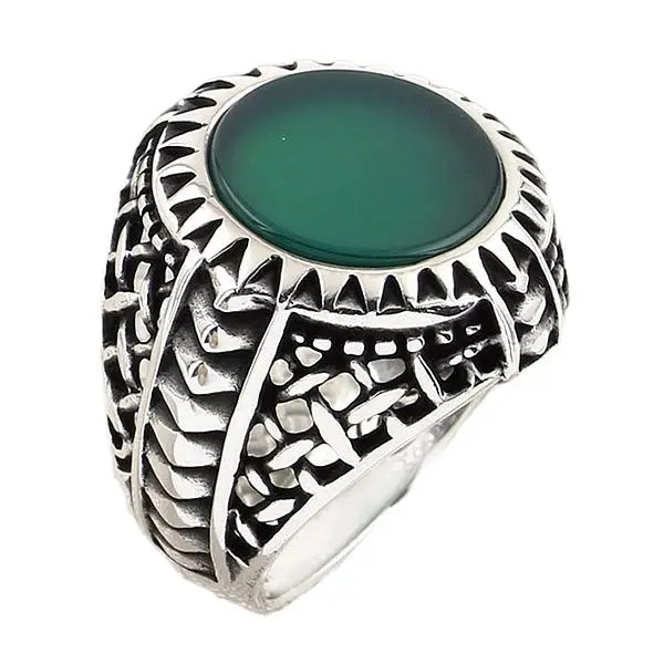 

925 Sterling Silver Mens Ring with Round Green Agate Natural Gemstone with Cubic Design Jewelry Gift for Dad Gift for Husband