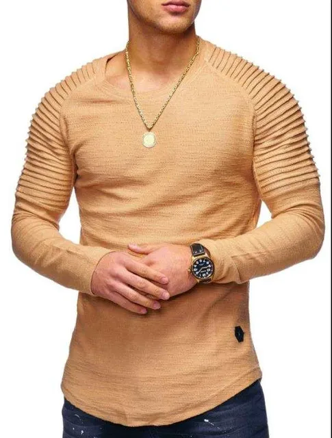 2022 Men's Pleated Patch Detail Long Sleeve T-Shirt Casual Top Fashion Pullover Slim Top