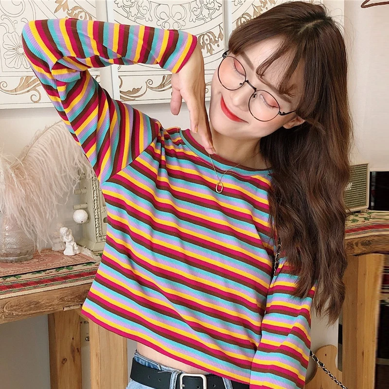 2019 Korean Harajuku Kpop Contrast Color Stripe Stretch Slim Round Neck Long-sleeved Sweater | Женская одежда