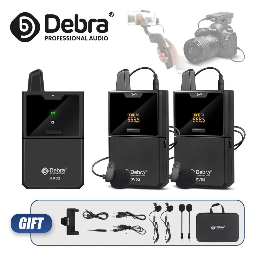 Беспроводной петличный микрофон Debra DV01/02 UHF с функцией монитора и микрофоном для