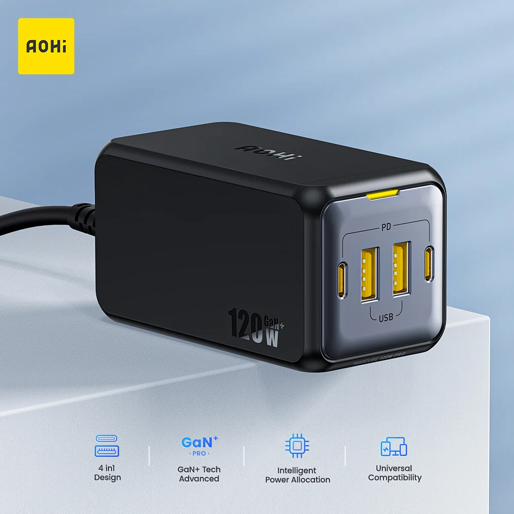 

AOHI GaN Charger 120W 65W Type C Charger 4-in-1 Desktop USB Charging Station USB C USB A Output for iPhone 13 Pro Laptop Tablet