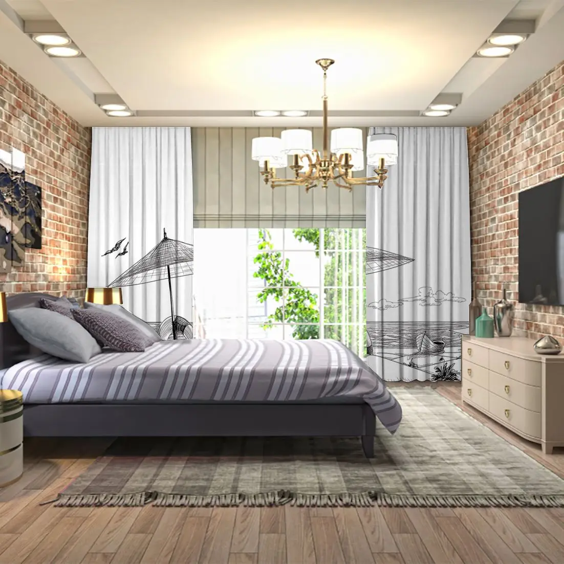 Занавеска Летняя Пляжная чаша лодка зонтик светильник буй природа морской