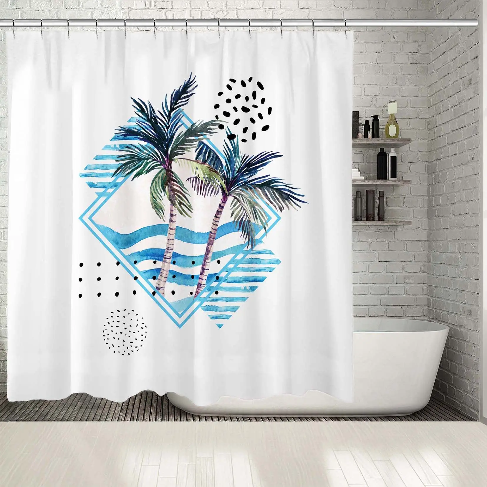 

Shower Curtain Sea Waves Tropical Palm Trees Leaves Seagulls Birds and Geometric Shapes Watercolor Artwork Blue Green White