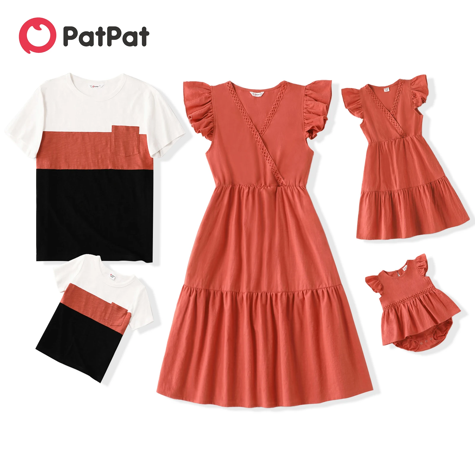 

PatPat 100% Cotton Family Matching Solid Cross Wrap V Neck Flutter-sleeve Dresses and Colorblock Short-sleeve T-shirts Sets
